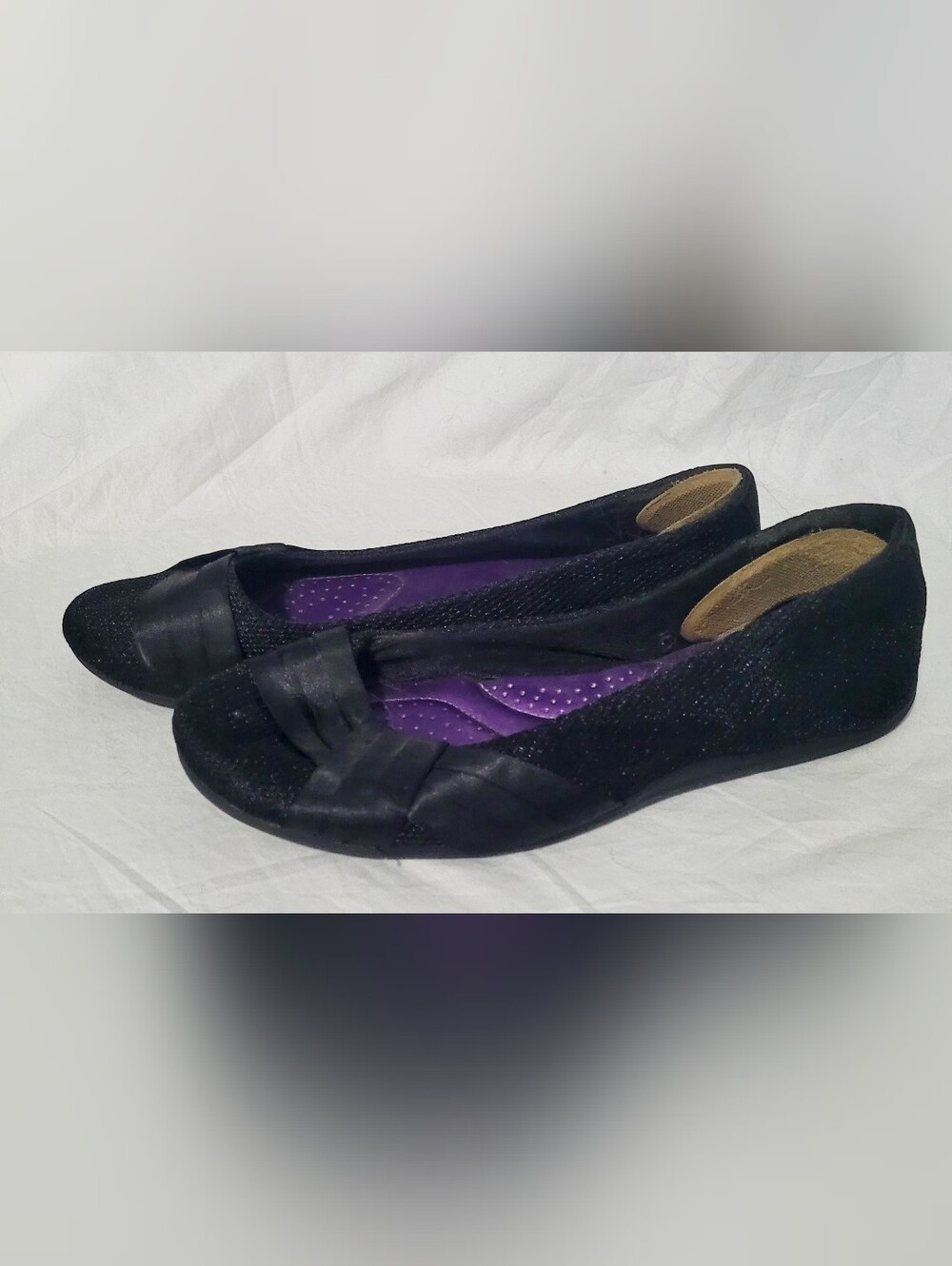Dexflex Comfort Sport Sz 8 Black Ballet Flats Slip On Shoes Satin Ribbon Memory